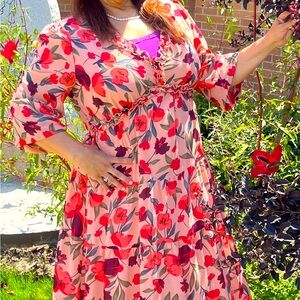 Women's Boho V-Neck Long Sleeve Tulle Floral Chiffon Dress New Casual